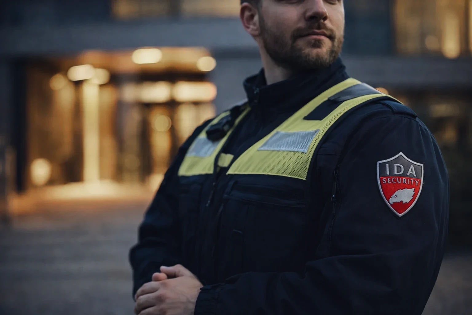 KI-generiertes Bild: Uniformierter IDA-Security-Mitarbeiter bei der Objektbewachung
