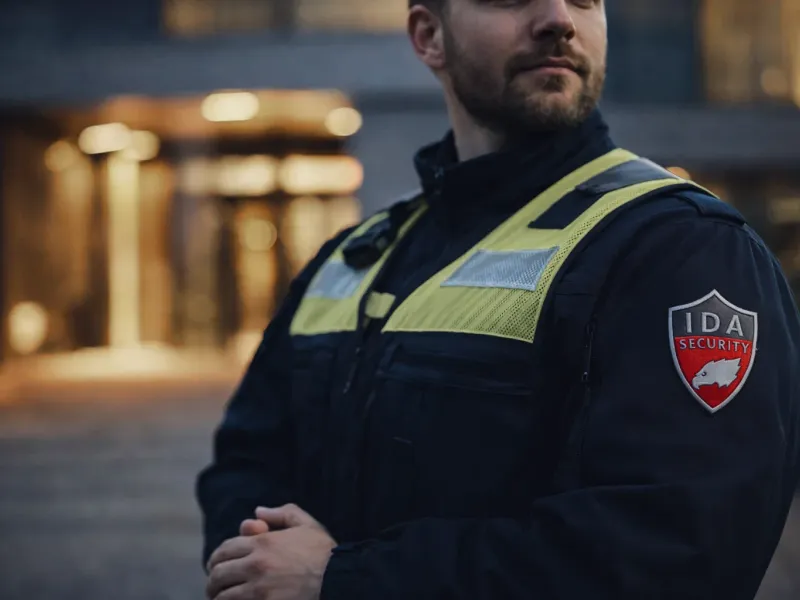 KI-generiertes Bild: Uniformierter IDA-Security-Mitarbeiter bei der Objektbewachung